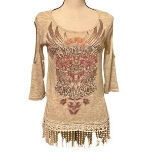 Harley Davidson Floral Americana Embellished Fringed 3/4 Cutout Sleeve Shirt